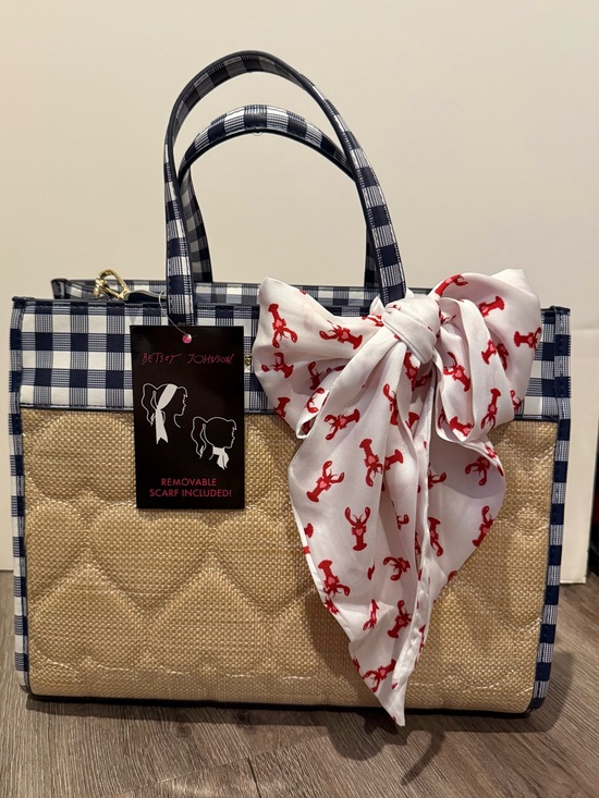 Betsey Johnson Handbags - VIRAL!! Betsey Johnson Navy Gingham & Heart Tote with Red Lobster Scarf- NWT